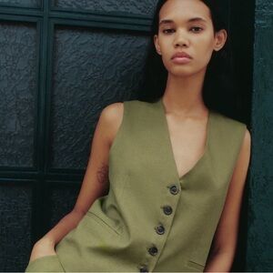 Zara Khaki Green linen blend waistcoat vest